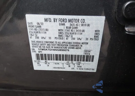 2022 Ford Explorer Xlt from USA, damaged, VIN 1FMSK7DH8NGB99076